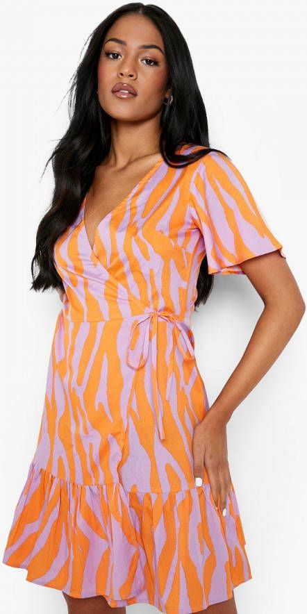 boohoo Tall Geweven Zebraprint Wikkeljurk, Orange