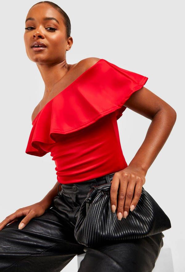 boohoo Tall Off Scuba Shoulder One Piece, Red