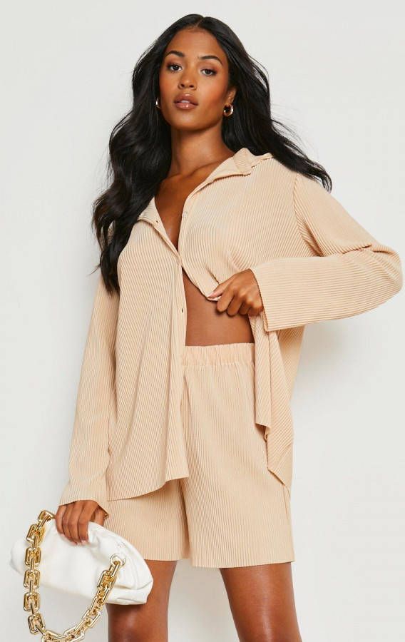 boohoo Tall Plisse Shorts, Sand