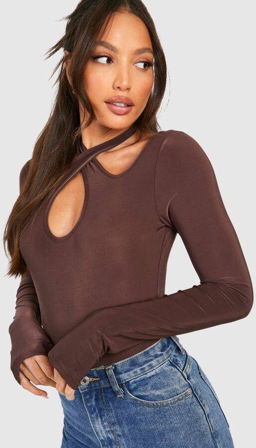 boohoo Tall Strakke Cut Out Sleutelgat One Piece, Chocolate