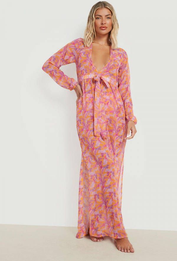 boohoo Tropische Maxi Strand Kaftan, Orange