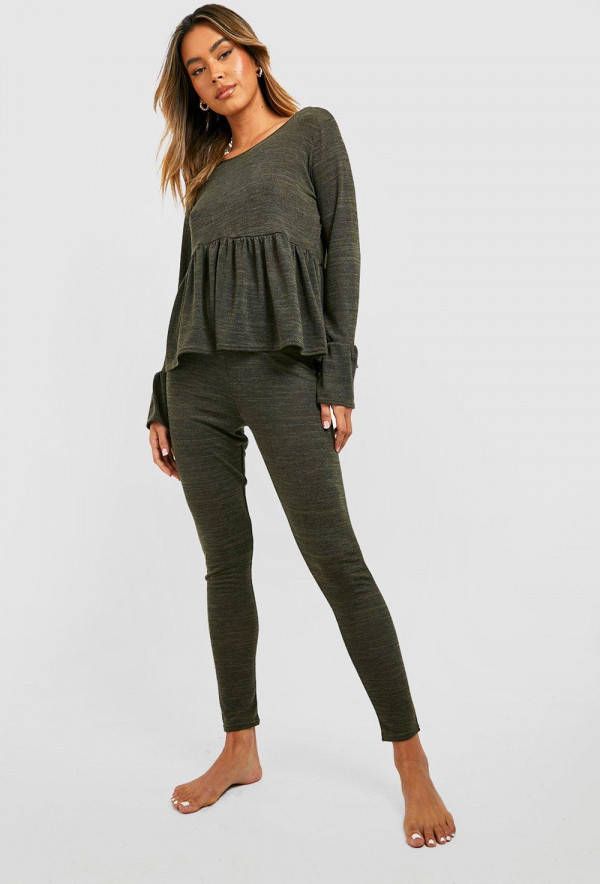 boohoo Zachte Peplum Loungewear Set, Khaki