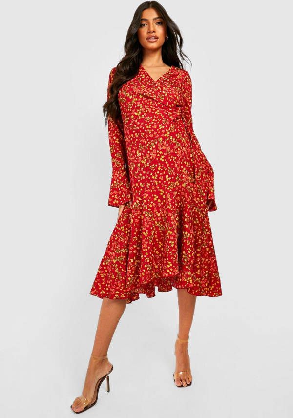 boohoo Zwangerschap Bloemenprint Midi Wikkeljurk, Red