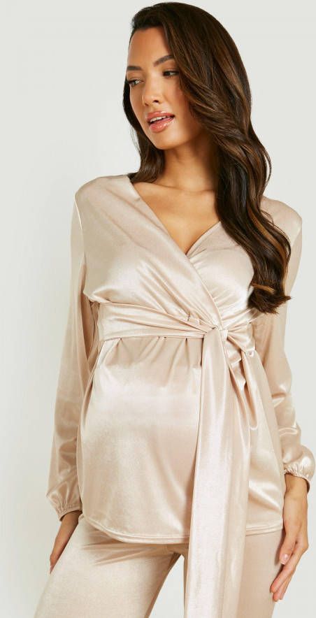boohoo Zwangerschap Satijnen Stretch Wikkeltop, Champagne