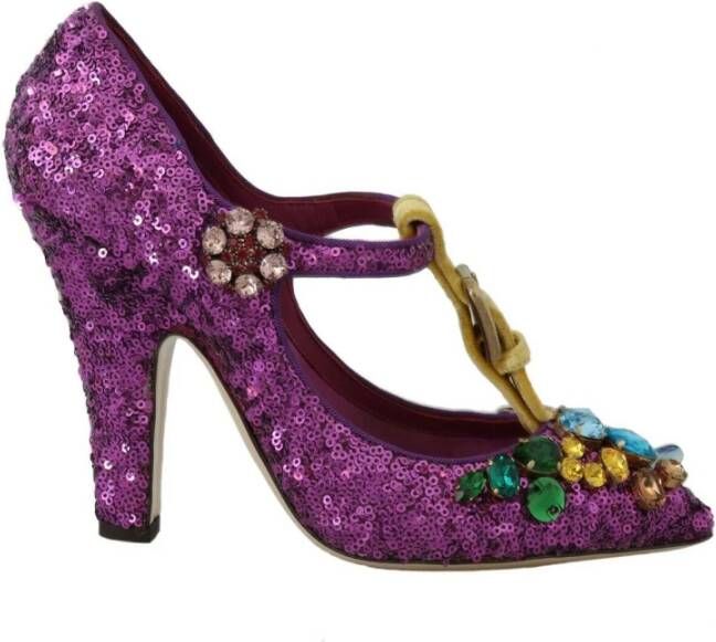 Dolce & Gabbana Purple Sequin Leather Crystal Sandal Shoes , Paars, Dames