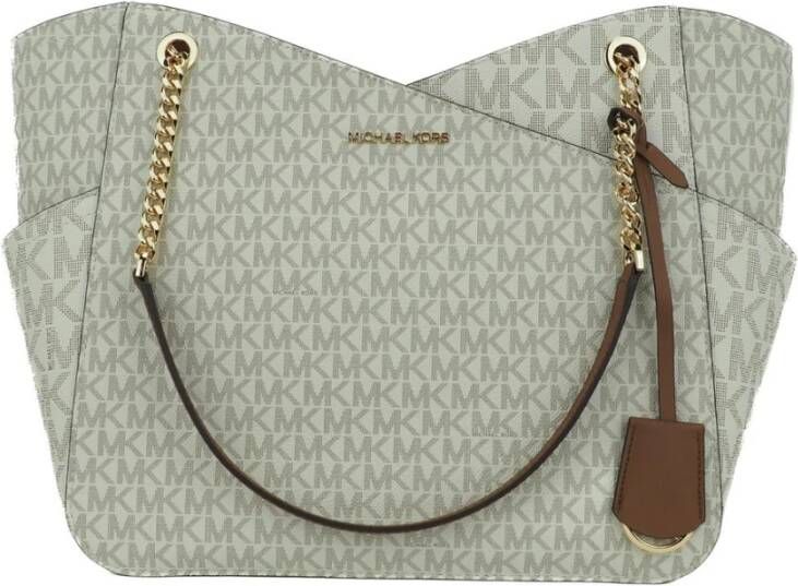 Michael Kors Jet Set Leather Large X Cross Chain Shoulder Tote Bag(Vanilla Signature), Beige, Dames