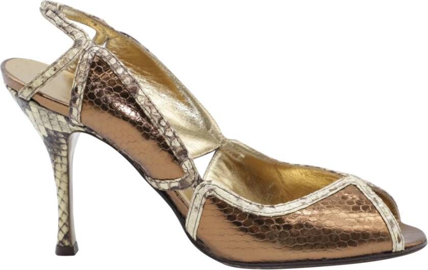 Dolce Gabbana Peep Toe Python Sandals in Gold Leather Dolce & Gabbana Pre owned, Geel, Dames