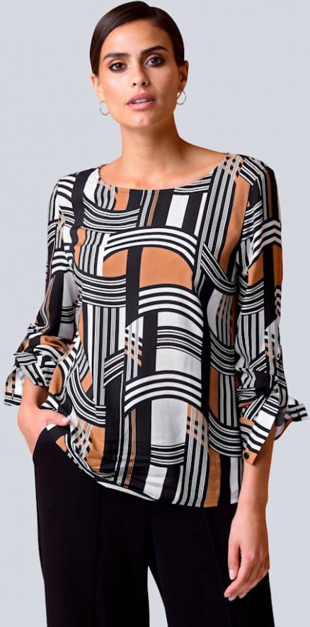alba moda Blouse Modieuze grafische print Cognac/Zwart/Wit
