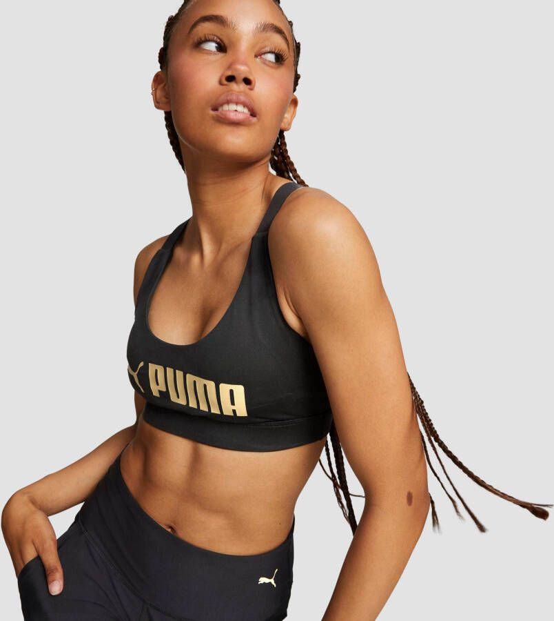 Puma fit medium impact sportbh zwart/goud dames