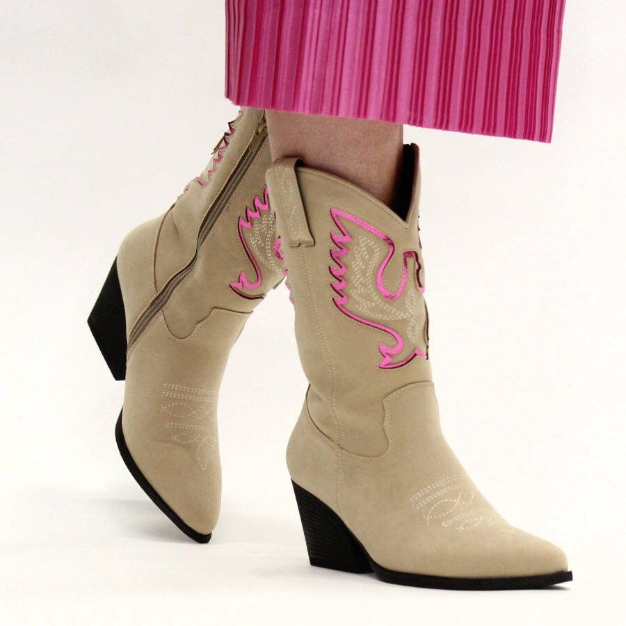 Posh By Poelman Westernlaars Dames Beige/Roze